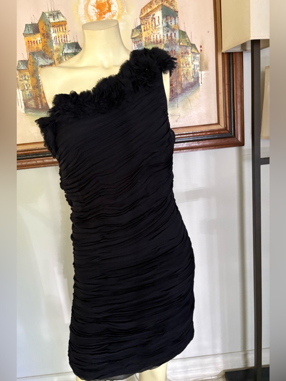 Calvin Klein Black One-Shoulder Ruffled Cocktail Dress Size 10
